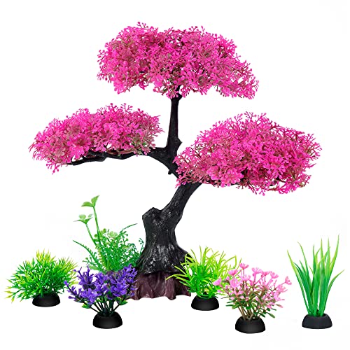 Ameliade Aquarium Artificial Plastic Plants Decoration, Pink Cherry Blossom Tree & Grass Aquarium Decor Set, Goldfish Betta Fish Tank Decorations Hides Accessories （Pink
