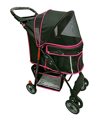 AmorosO 4 Wheels Pet Convenient Stroller | Portable Jogger Stroller for Small Medium Dogs Cats | Travel Folding Puppy Carrier Waterproof with Storage Basket (Black/Pink)