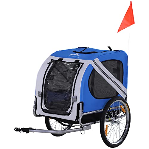 Aosom Dog Bike Trailer Pet Cart Bicycle Wagon Cargo Carrier Attachment for Travel with 3 Entrances Large Wheels for Off-Road & Mesh Screen - Light Blue/Grey