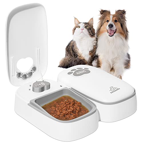 Automatic Cat Feeder Wet Food 2 Cat, 2 Meal Smart Pet Feeder, Low Noise Timed Feeder for Cats & Dogs, Dry or Semi-Moist Pet Food Dispenser, 1-48 Hours Microchip Cat Feeder, Auto-On Smart Pet Feeder