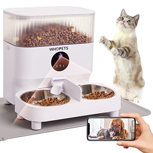 Automatic Cat Feeders, WHDPETS WiFi Pet Feeder with 1080P Camera for 2 Cats & Dogs, 5L Auto Dog Food Dispenser with Feeding Mat, Portion Control, Dual Power Supply, Voice Recorder, 2.4G Wi-Fi Enabled