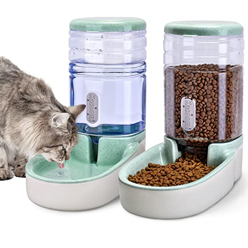 Automatic Dog Cat Feeder and Water Dispenser Gravity Food Feeder and Waterer Set with Pet Food Bowl for Small Medium Dog Puppy Kitten, Large Capacity 1 Gallon x 2