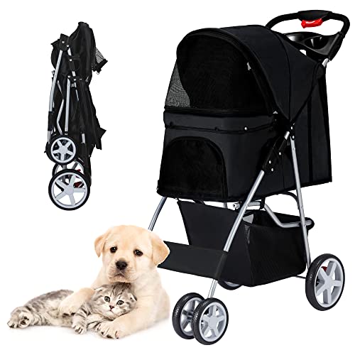 Azaeahom Pet Stroller 4 Wheels Foldable Stroller for Small Medium Cat,Dog & More,Cat Jogger Stroller Travel Folding Carrier with Storage Basket & Breathable Mesh (Black)