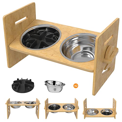 Bamboo Elevated Dog Bowls, Adjustable Raised Dog Bowls for Small Dogs Medium Dogs and Cat (Medium)