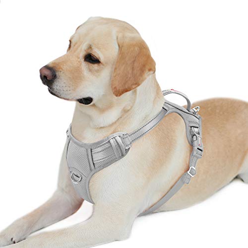 BARKBAY No Pull Dog Harness Front Clip Heavy Duty Reflective Easy Control Handle for Large Dog Walking with ID tag Pocket(Grey,L)