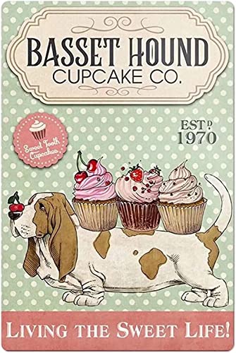 Basset Hound Metal Tin Sign Basset Hound Cupcake Co. Funny Poster Dessert Shop Cafe Living Room Bathroom Kitchen Home Art Wall Decoration Plaque Gift