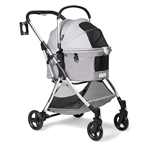 Beberoad Pets R5 Pet Stroller for Small Dogs & Cats, with Removable Basket & Foldable Cart Frame, Suitable for Pets Under 33lbs, Medium, Grey