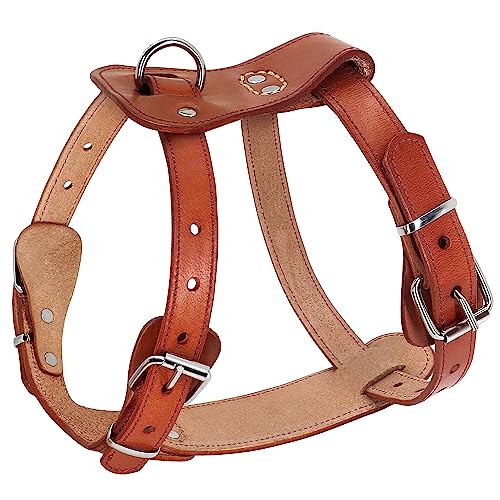 Beirui Genuine Leather Dog Harness - No Escape Harnesses for Medium Large Dogs Pet Training Walking - Easy Adjustable Heavy Duty Strap Harness (Chest for 24-29", Brown)