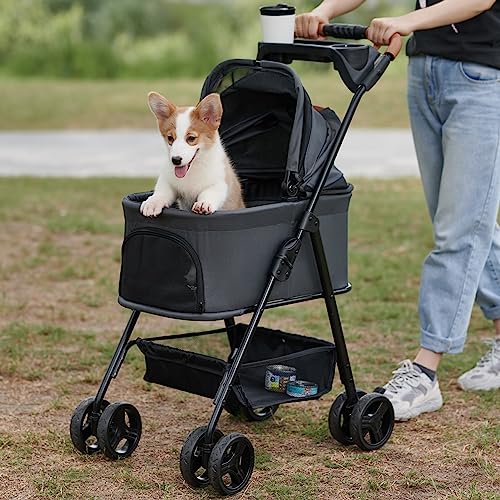 BEKA Folding Dog Stroller, Pet Folding Stroller, 4 Wheels Dog/Cat Puppy Stroller w/Removable Travel Carrier for Small/Medium Pet, Waterproof Pad, Car Seat, Sun Shade