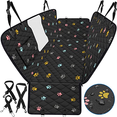 BeneathYourFeet Dog Seat Cover (54" W x 56" L, Colored Paw Prints) Scratch Prevention Dog Car Seat Cover for Back Seat Waterproof Dog Hammock for Car with Mesh Window Durable Car Seat Covers