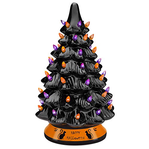 Best Choice Products 15in Pre-Lit Ceramic Tabletop Halloween Tree, Holiday Decoration w/Orange & Purple Bulb Lights, Incandescent Light Bulb