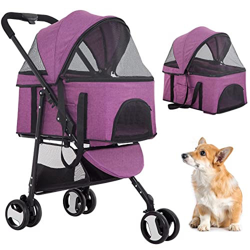 BestPet 3 Wheels Pet Stroller Dog Cat Premium 3-in-1 Multifunction Stroller for Medium Small Dogs Cats Detachable Carrier Lightweight Folding Travel Stroller,Purple