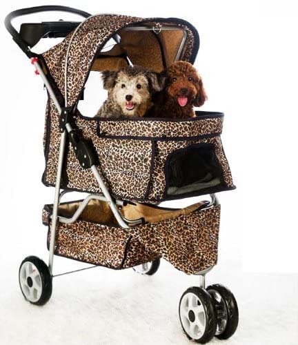 BestPet Extra Wide 3 Wheels 4 Wheels Pet Dog Cat Stroller with RainCover,Leopard Skin (3 Wheels)
