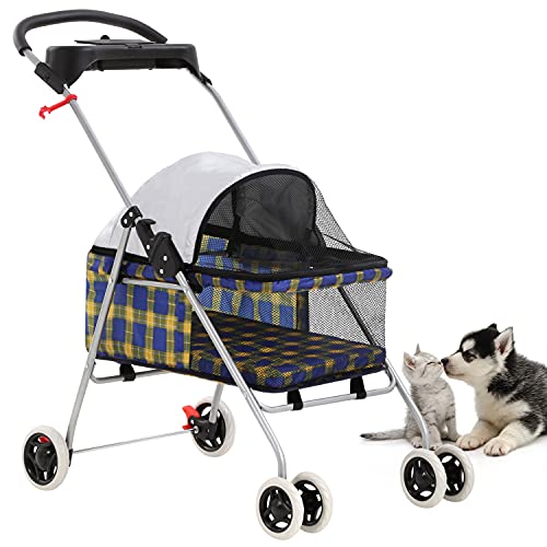 BestPet Pet Stroller 4 Wheels Posh Folding Waterproof Portable Travel Cat Dog Stroller with Cup Holder (Yellow Plaid)