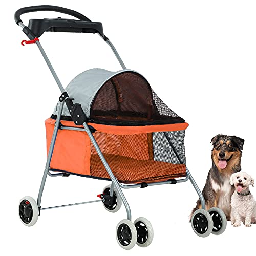 BestPet Pet Stroller 4 Wheels Posh Folding Waterproof Portable Travel Cat Dog Stroller with Cup Holder,Orange