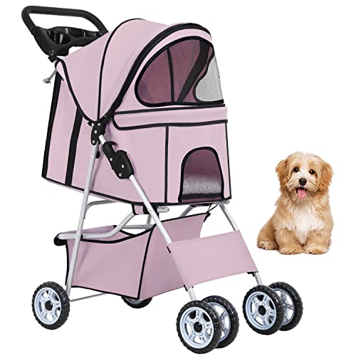 BestPet Pet Stroller Cat Dog Cage Stroller Travel Folding Carrier,Light Pink