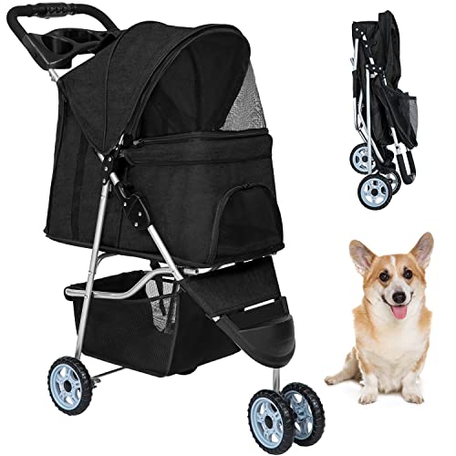 BestPet Pet Stroller Dog Cat Jogger Stroller for Medium Small Dogs Cats Folding Lightweight Travel Stroller with Cup Holder (Black, 3 Wheels)