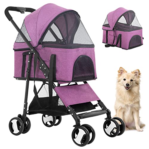 BestPet Pet Stroller Premium 3-in-1 Multifunction Dog Cat Jogger Stroller for Medium Small Dogs Cats Folding Lightweight Travel Stroller with Detachable Carrier &Cup Holder (Purple, 4 Wheels)