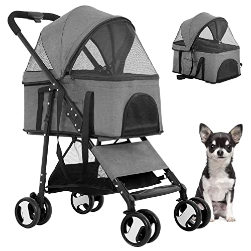 BestPet Pet Stroller Premium 3-in-1 Multifunction Dog Cat Jogger Stroller for Medium Small Dogs Cats Folding Lightweight Travel Stroller with Detachable Carrier &Cup Holder,Grey