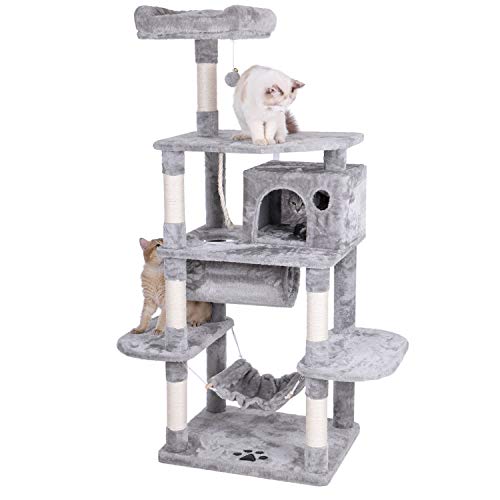 BEWISHOME Cat Tree with Sisal Scratching Posts Perch House Hammock Tunnel, Cat Tower Cat Condo Furniture Kitten Activity Center Pet Play House Kitty Playground, Light Grey MMJ02G