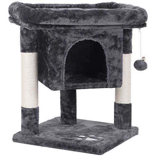 BEWISHOME Small Cat Tree Cat House Cat Condo with Sisal Scratching Posts, Plush Perch, Cat Tower Furniture Cat Bed Kitty Activity Center Kitten Play House, Grey MMJ08B