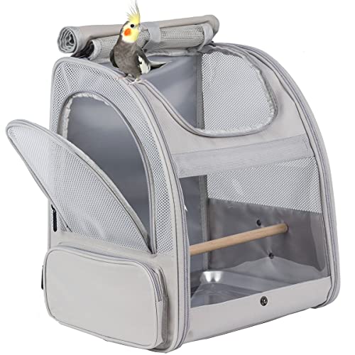 Bird Backpack, Bird Travel Carrier with Stand Perch, Airline Approved Grey Bird Backpack Carrier