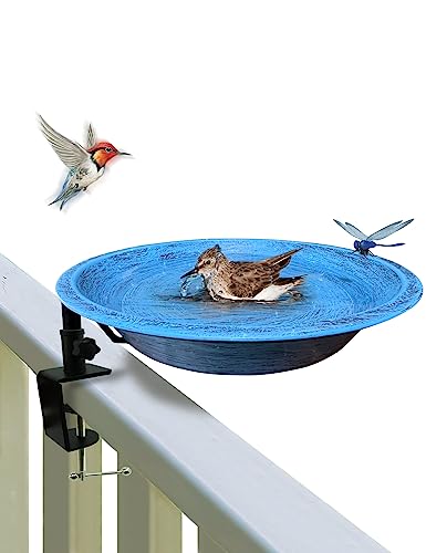 Bird Bath Outdoor Metal Birdbath Deck Mounted, Bird Baths with Adjustable Sturdy Metal Clamp for Deck Railing Balcony Yard Garden Decoration