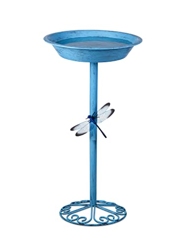 Bird Baths for Outdoors 25.5 Inch Height Outdoor Garden Bird Feeder Metal Birdbath with Dragonfly for Garden Yard and Lawn Decoration,Blue