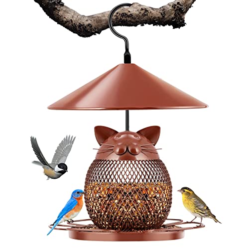 Bird Feeder, Wild Bird Feeders with Baffle and Cute Cat Cover for Outside 2LB Seeds Metal Birdfeeders Hanging Easy Cleaning and Filling Best Decorations for Family