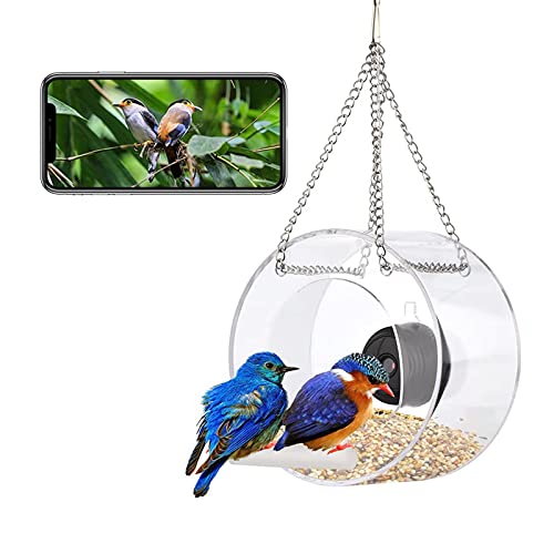 Bird Feeder with Camera, Smart Acrylic Hanging Mirrored Bird Feeder with 1080p Night-Version Video Camera & 360° Swivel Base, WiFi Remote Connection with Mobile Phone for Outdoor Bird Watching