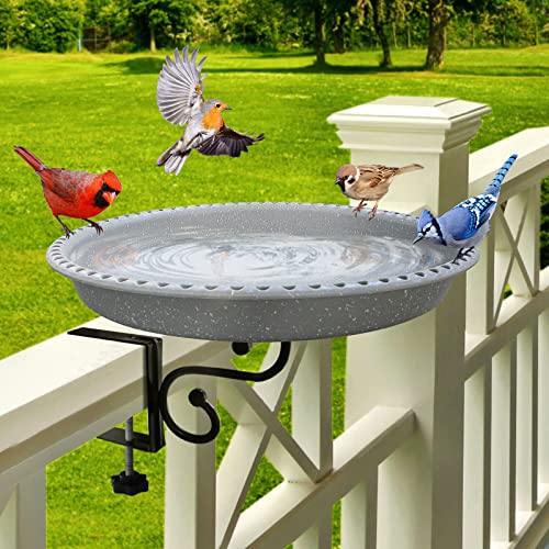 BIRD WISH Deck Mounted Bird Bath, Weather Resistant Attract Birds with Adjustable Clips Deck Bird Bath for Outdoor Garden Patio Deck Decoration, Gray