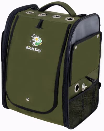 Birds Day Bird Carrier Backpack-Parrot Travel Cage with Perch and Food Bowl, Stainless Steel Tray (Dark Olive Green)