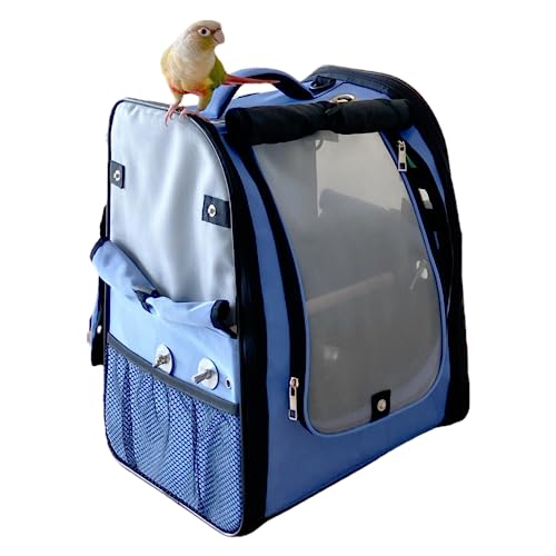 Birds Day Bird Carrier Backpack-Parrot Travel Cage with Perch and Food Bowl, Stainless Steel Tray (Sky Blue)