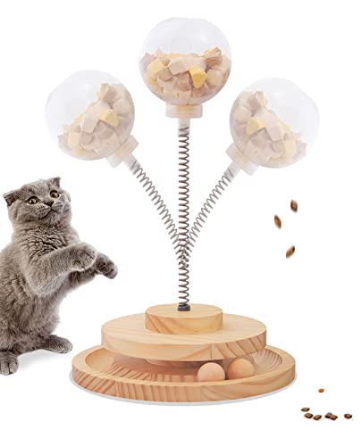 BNOSDM Interactive Cat Feeder Toy for Indoor Cats Slow Feeders Spring Toys Funny Wooden Track 2 Balls Roller Turntable Exercise and Playing for Kitten