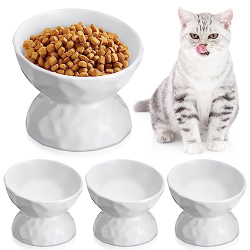 Bokon 4 Pcs Ceramic Raised Cat Bowl 6.8 oz Cat Food Bowl Anti Vomiting Pet Elevated Cat Feeder Tilted Cat Water Bowl Feeding Cat Dishes for Small Dog Kitten (White)