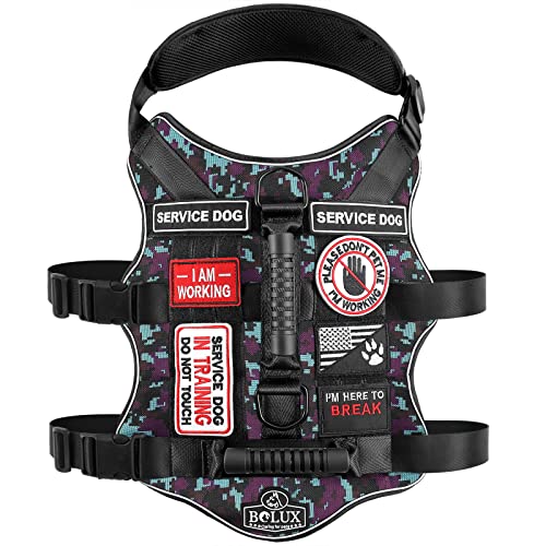 Bolux Tactical Dog Harness with 7 Pcs Tags, Service Dog in Training Harness with Easy Control Double Handles, Dog Working Harness K9 Military Service Dog Vest Harnesses for Small Medium Large Dogs