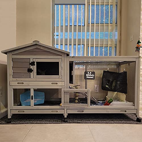 Bunny Cage Indoor and Outdoor Rabbit Hutch with Casters Waterproof Roof, Pull Out Tray from Back and Front