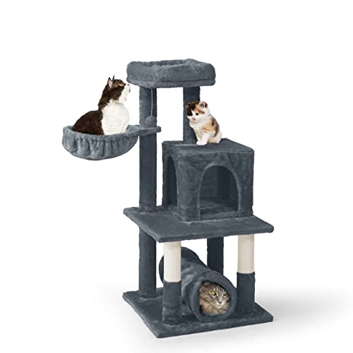 CAPHAUS Multi-Level 40-Inch Cat Activity Tree with Scratching Posts, Spacious Perch for Indoor Cute Cats, Cat Tree with Modern Tunnel, Basket, Cat Cave Condo for Large Cats Kittens