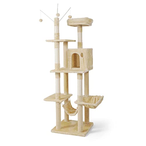 CAPHAUS Tall Climbing Modern Indoor Play Tower for Large Cats Kittens, 70-Inch with Top Perch, Cat Cave Condo, Cat Tree w Hammock, Multi-Level Cat Activity Tree w Cute Scratching Posts