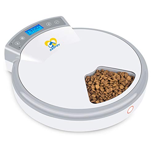Casfuy 5-meals Automatic Cat Feeder - Auto Pet Feeder with Programmable Timer Dry and Wet Food Dispenser Voice Recorder & Speaker for Cat and Small Medium Dog Portion Control Dual Power Supply 5x240ml