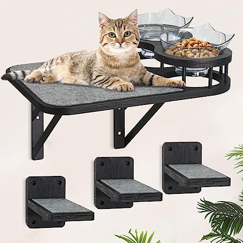 Cat Hammock Cat Wall Shelves with 3 Steps, Cat Scratching Post Cat Hammock and Perches with 2 Cat Food Bowls, Wood Cat Bed Furniture Wall Mounted, Cat Scratching Post Cat Wall Shelf