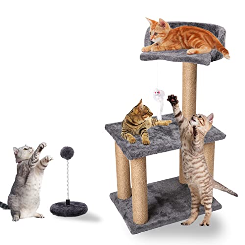 Cat Scratching Post for Kitty, Three Layers Natural Sisal Scratchers Post, Plush Platform and Hanging Mouse Balls, Kittens & Cat Interactive Toys Great Gift for Pet