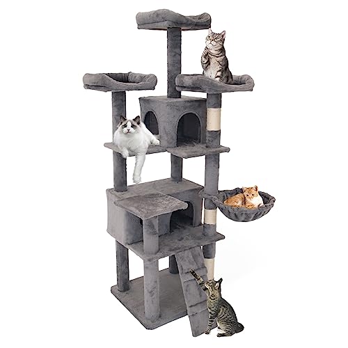 Cat Tree, Cat Tower for Indoor Cats, Multi-Level Cat Tower with 2 Roomy Condo，4 Perch, Hammock and Ladder for Small and Large Cats, Cute Cat Scratching Post for Kittens, 63 inches