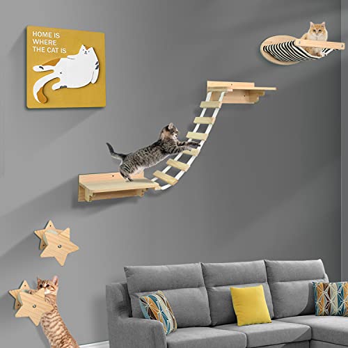 Cat Wall Shelves - Wall Mounted Cat Shelves Perches for Wall Cats Wall Furniture Climbing Shelves Cat Hammock Perches Scratching Post Cat Activity Tree Climbing Bridge Ladder Steps Indoor