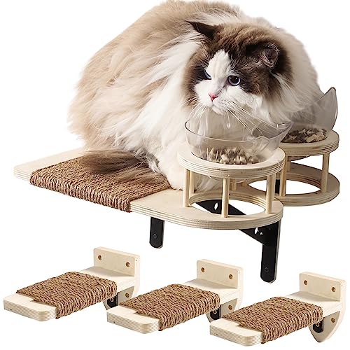 Cat Wall Shelves with 3 Steps, Cat Shelves and Perches for Wall, Cat Feeding Shelf with Hemp Rope Covered & 2 Bowls, Cat Wall Furniture, Cat Climbing Shelf Hammock Tree Wall Mounted for Indoor Cats