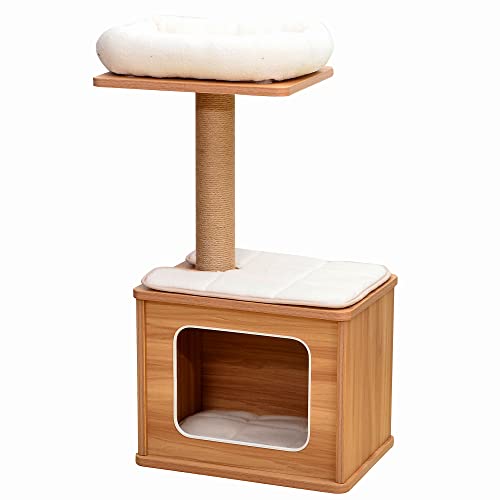 Catry Cat Tree - A Cat Play House Combo with Cat Hammock, Scratching Post, and Comfort Home Invariably Trap Kitten to Stay Around This 30” Easy Assembled Sturdy Cat Furniture, Beige