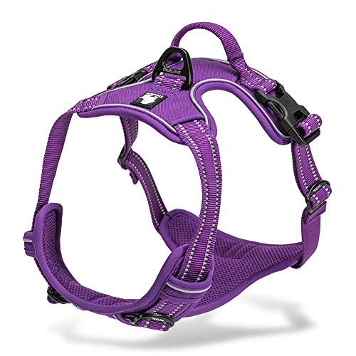 Chai's Choice - Premium Outdoor Adventure Dog Harness - 3M Reflective Vest with Two Leash Clips, Matching Leash and Collar Available (Purple Large) Please Measure Before Ordering