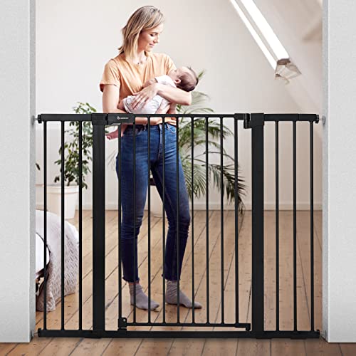 COMOMY 36" Extra Tall Baby Gate for Stairs Doorways, Fits Openings 29.5" to 48.8" Wide, Auto Close Extra Wide Dog Gate for House, Pressure Mounted Easy Walk Through Pet Gate with Door, Black