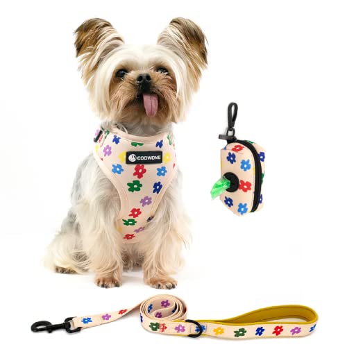 Coowone Dog Harness and Leash Set with Poop Bag Dispenser -Soft Mesh Adjustable and No Pull Dog Harness for Small Medium Large Dogs (XS (Neck 7.87-10.25"; Chest 9.85"-13.5"), Colorflower)