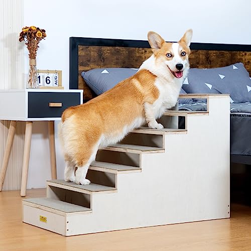 COZIWOW Dog Stairs for High Beds,7-Step Pet Steps for Short Legs Dogs/Cats,Quality Wood&Carpet Step Best for Couch,Furniture,Windowsill,Supports up to 220 lbs